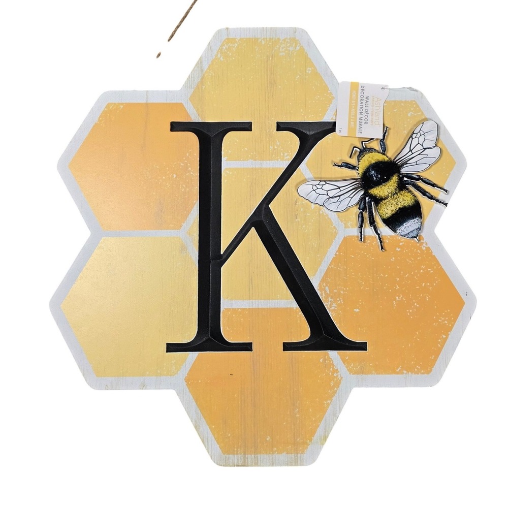 Ashland Honey Bee Monogram Letter K‎ Wall Decor Yellow Wood New Honeycomb Sign